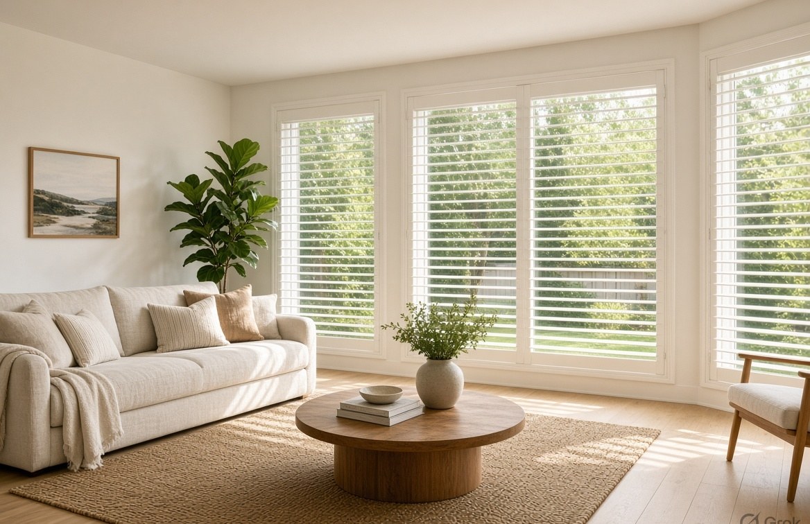 White plantation shutters in a living room