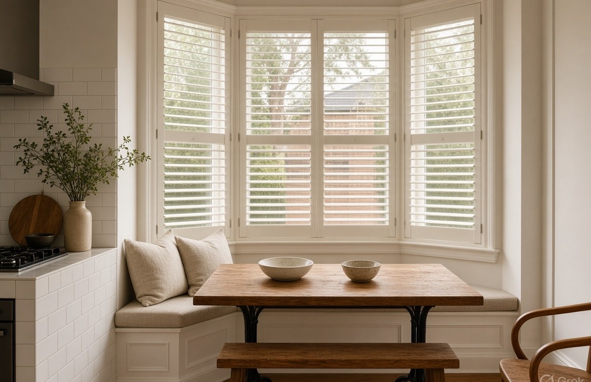 Bay window shutters in a kitchen nook